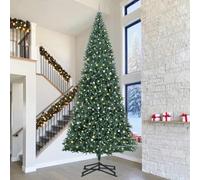 Albero di Natale artificiale preilluminato, 210 cm, verde, con 300 LED bianco caldo, robusto supporto in metallo, set di sfere per interni ed esterni