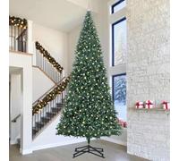 Albero di Natale artificiale preilluminato, verde, 210 cm, con 300 LED bianco caldo, robusto supporto in metallo, set di palline, materiale PVC per interni ed esterni