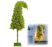 Albero di Natale artificiale stravagante, albero di Natale verde tenero con collo storto con luci, albero di Natale pieghevole con base in metallo, per feste di Natale, casa, ufficio, decorazione