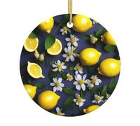 Albero di Natale ceramico rotondo a 2,9 pollici di stampa del fiore e del limone che appende con le corde dell'oro per la decorazione ed il regalo di