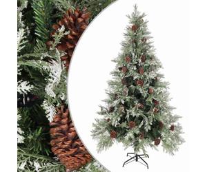 Albero di Natale con cerniera, 195 cm, in PVC e PE, colore: Verde e Bianco | Pigne tra gli aghi, supporto in acciaio incluso, rami incernierati, palo centrale, allegria natalizia