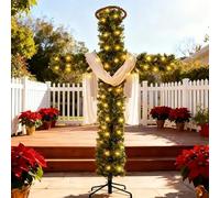 Albero di Natale con croce ispessita con sciarpa di seta bianca e ghirlanda di rattan in legno, grandi decorazioni per casa e chiesa