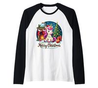 Albero di Natale con Unicorno e Scritta Merry Christmas Maglia con Maniche Raglan