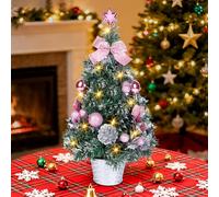 Albero di Natale da Tavolo 45 cm con Luci Led Bianco Caldo Decorato con Stella Puntale e Palline, a Batteria Albero Già Pronto per Natale per Casa Ufficio Bar, Alberi di Natale Artificiali Rosa Rosso