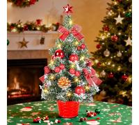 Albero di Natale da Tavolo 45 cm con Luci Led Bianco Caldo, Decorato con Stella Puntale e Palline, a Batteria - Albero Già Pronto per Natale per Casa Ufficio Bar, Alberi di Natale Artificiali Rosa