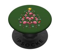 Albero di Natale fenicottero rosa con cappelli di Babbo Natale e luce festiva PopSockets PopGrip Adesivo