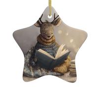 Albero di Natale in ceramica da appendere a forma di stella decorazioni YYHHAOFA renna di Natale che legge un libro stampa con cavo dorato facile da appendere