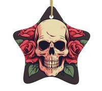 Albero di Natale in ceramica da appendere a forma di stella, ornamento HJFCZH Day of The Dead Sugar Roses Skull stampa con cordino in metallo perforato e placcato oro