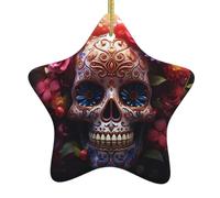 Albero di Natale in ceramica da appendere a forma di stella, ornamento HJFCZH Sugar Horror Skull e fiori stampa con cavo metallico perforato e placcato oro