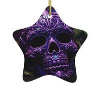 Albero di Natale in ceramica da appendere a forma di stella, ornamento HJFCZH viola Floser e Sugar Horror Skull stampa con filo metallico perforato e placcato oro