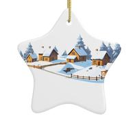 Albero di Natale in ceramica da appendere a forma di stella, ornamento WHJSSF piccolo villaggio nella neve, con cordino in metallo perforato e placcato oro