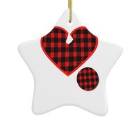 Albero di Natale in ceramica da appendere a forma di stella, ornamento WHJSSF rosso e nero Plaid Love Picture con cavo metallico perforato e placcato oro