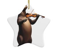 Albero di Natale in ceramica da appendere a forma di stella, ornamento YYHHAOFA Leone marino che suona il violino stampato con cavo metallico perforato e placcato oro