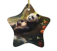 Albero di Natale in ceramica da appendere a forma di stella, ornamento YYHHAOFA Panda's Leisure Pomeriggio stampato facile da appendere per feste di vacanza 7,9 x 7,9 cm