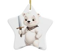 Albero di Natale in ceramica da appendere a forma di stella, ornamento YYHWHJDE Little White Bear con spada con cordino in metallo perforato e placcato oro