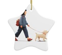 Albero di Natale in ceramica da appendere a forma di stella WHJSSF Little Girl Walking The Dog Picture con cavo metallico perforato e placcato oro