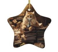 Albero di Natale in ceramica da appendere a forma di stella YYHHAOFA The Library Cat stampato facile da appendere per feste di festa 7,9 x 7,9 cm