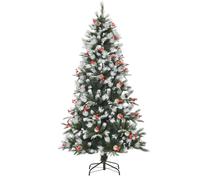 Albero Di Natale Innevato 180cm Con Bacche Rosse E Pigne Bianche, Base Rimovibile Pieghevole, 678 Rami, Verde