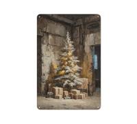 Albero di Natale nella vecchia stanza, targa in metallo da parete, decorazione artistica da parete per bar, pub, club, caffetteria, fattoria, bianco, 30 x 20 cm