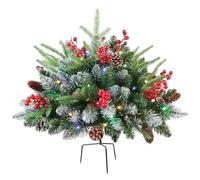 Albero di Natale preilluminato per esterni Mini albero floccato di neve da 23, 6 pollici con pigne e bacche, riempitivo per urna per portico di Natale con paletto per patio giardino