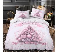 Albero di Natale rosa Set Di Copripiumino Set di 3 Pezzi microfibra stampa 3D con federe per cuscini con cerniera Design floreale per le feste copripiumino for ragazze e bambini Single（135x200cm）