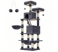 Albero per Gatti, Alto 168 cm, Tiragraffi per Gatti Adulti, L, con 13 Graffiatoi, 2 Posatoi, 2 Grotte, Cesto, Amaca, Pompon, in Peluche a Più Livelli per Interno, Grigio Fumo/Grigio Chiaro/Rosa Gelati