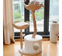 Albero per gatti in legno massello, torre multistrato per gatti con tiragraffi in iuta e posatoi superiori, moderno centro attività per gatti, adatto per intrattenimento e riposo per gatti al coperto