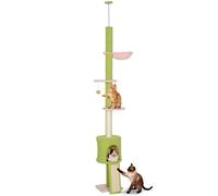 Albero per gatti PawHut da terra a soffitto, 5 livelli, altezza regolabile 220 cm, piattaforme a forma di fiore con nicchia, amaca, rampa e palla da gioco sospesa, centro attività per interni, Verde