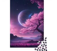 Albero rosa fiorito Notte con luna Puzzle 1000 Pezzi Gioco di Puzzle 1000 Pezzi Carta Puzzle per Adulti Cielo viola Relax Decorazione Casa Regalo Famiglia 38x26cm/1000pcs
