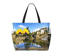 Albero sopra una roccia che si riflette su un lago. Grande borsa da spiaggia per donna con cerniera e tasca impermeabile, borsa da palestra leggera e pieghevole per viaggi, spesa, nuoto, sport.