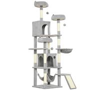 Albero Tiragraffi per Gatti 48x48x192 cm con Amache e Casette in Sisal e Peluche Grigio e Crema