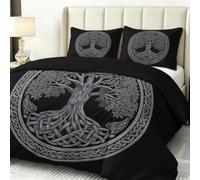 Albero Vita Rotondo Emblema Celtico Fiocco Copripiumino 200 x 200 cm | Set copripiumino in microfibra, stile retrò, morbido, traspirante, adatto a tutte le stagioni