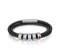 ALBERTBAND Bracciale da Uomo Personalizzato con 1-5 Nomi Bracciale in Pelle Acciaio inossidabile Regalo per Uomo Papà Festa del papà Natale San Valentino (5 stone)