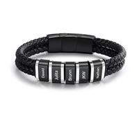 ALBERTBAND Bracciale in Pelle da Uomo Personalizzato Nome Bracciale in Acciaio Inossidabile Nero Argento Regalo per Papà Festa del papà Marito San Valentino Nonno Natale (5 NAME)