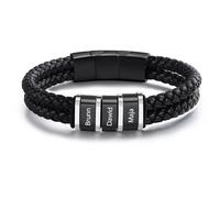 ALBERTBAND Bracciale in Pelle da Uomo Personalizzato Nome Bracciale in Acciaio Inossidabile Nero Argento Regalo per Papà Festa del papà Marito San Valentino Nonno Natale (3 NAME)