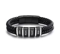 ALBERTBAND Bracciale in Pelle da Uomo Personalizzato Nome Bracciale in Acciaio Inossidabile Nero Argento Regalo per Papà Festa del papà Marito San Valentino Nonno Natale (4 NAME)
