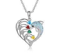 ALBERTBAND Collana personalizzata delfino a forma di cuore con 2-8 nomi con ciondolo inciso Birthstone per le donne Collana con promessa di famiglia per gioielli di San Valentino (4 nomi)