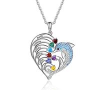 ALBERTBAND Collana personalizzata delfino a forma di cuore con 2-8 nomi con ciondolo inciso Birthstone per le donne Collana con promessa di famiglia per gioielli di San Valentino (7 nomi)