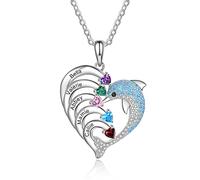 ALBERTBAND Collana personalizzata delfino a forma di cuore con 2-8 nomi con ciondolo inciso Birthstone per le donne Collana con promessa di famiglia per gioielli di San Valentino (5 nomi)