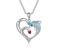 ALBERTBAND Collana personalizzata delfino a forma di cuore con 2-8 nomi con ciondolo inciso Birthstone per le donne Collana con promessa di famiglia per gioielli di San Valentino (2 nomi)