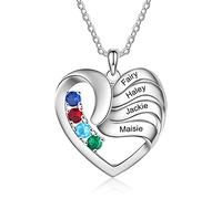 ALBERTBAND Collana Personalizzata in Argento 925 Ciondolo a Cuore con Nomi Incisione Collana per Donna Madre Figlia Regalo per Festa Della Mamma San Valentino (4 pietre)