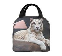 Albino Tiger Seduto su Rock Animal Lunch Bag Riutilizzabile Portatile Lunch Box A Prova Di Perdite Isolato Cooler Lunch Tote Bag Con Tasca Frontale Per Donne Uomini Viaggi Picnic Ufficio Lavoro