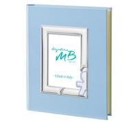 Album Foto Bebé Boy per la Nascita o il Battesimo di un Bambino, Personalizzabile con Incisione del nome, Realizzato in Ecopelle Azzurra con Cornice in Argento