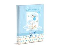 Album Fotografico, Celeste, Nascita Bambino, con Diario, 23X30 Cm, 56 Pagine Bianche e 4 Pagine Diario Personalizzabili, Pagine in Cartoncino Spesso e Resistente Intervallate da Pergamino