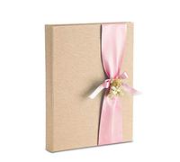 Album Fotografico Nacita con Diario 23X30 Cm 56 Pagine Bianche e 4 Pagine Diario Personalizzabili Pagine in Cartoncino Spesso e Resistente Intervallate da Pergamino, tessuto lino con fiocco rosa