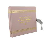 Album fotografico per festa di addio al nubilato, rosa e oro, con scritta in lingua inglese “Celebrating a beautiful bride to be”