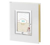 Album Fotografico Personalizzabile per la Nascita o il Battesimo con Decoro Angioletto Smaltato, Personalizzabile con Incisione sulla Cornice in Argento, Copertina in Ecopelle Bianca