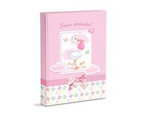Album Fotografico, Rosa, Nascita Bambina, con Diario, 23X30 Cm, 56 Pagine Bianche e 4 Pagine Diario Personalizzabili, Pagine in Cartoncino Spesso e Resistente Intervallate da Pergamino