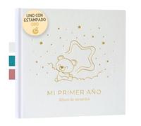Album Nascita Bambino e Bambina per Il Mio Primo Anno Copertina In Lino e 75 Pagine + Adesivi | Diario Neonato Ideale per Regali Nascita Bimba/o e Regali Baby Shower | Album Fotografico Neonato