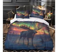 Alce sotto l'aurora boreale Set Di Copripiumino 3 Pezzi microfibra morbida motivo 3D cerniera nascosta con federe Natura Fantasy Artwork copripiumino for bambini adulti ragazzi Single（135x200cm）
